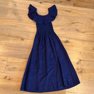 Hill House Home Navy Linen Nap Dress Smocked Midi Ruffle Sleeve XS